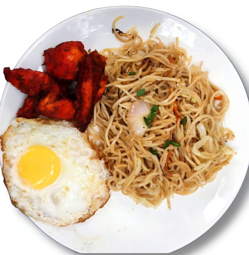 Noodles, Fried Chicken , with Sunny Side Up Egg